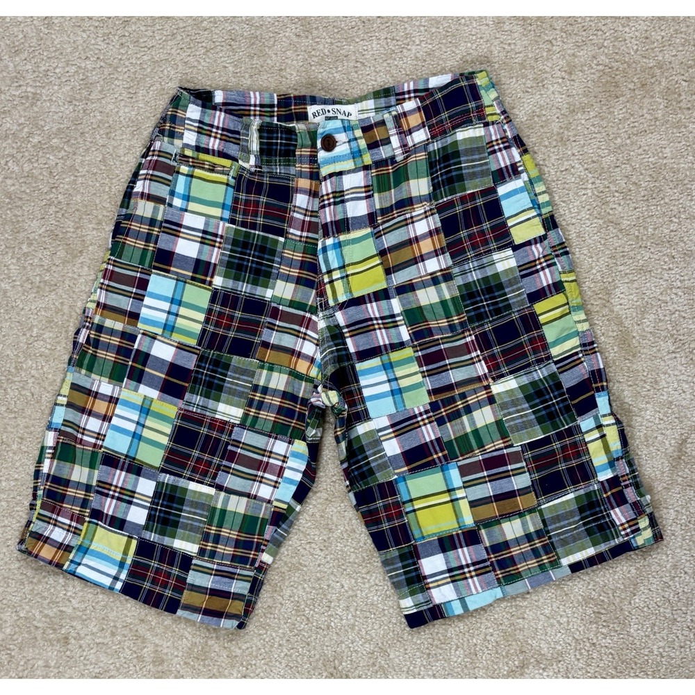 Red Snap Men's Plaid Madras Patchwork Shorts Size 32 Flat Front 5 Pocket - VTG